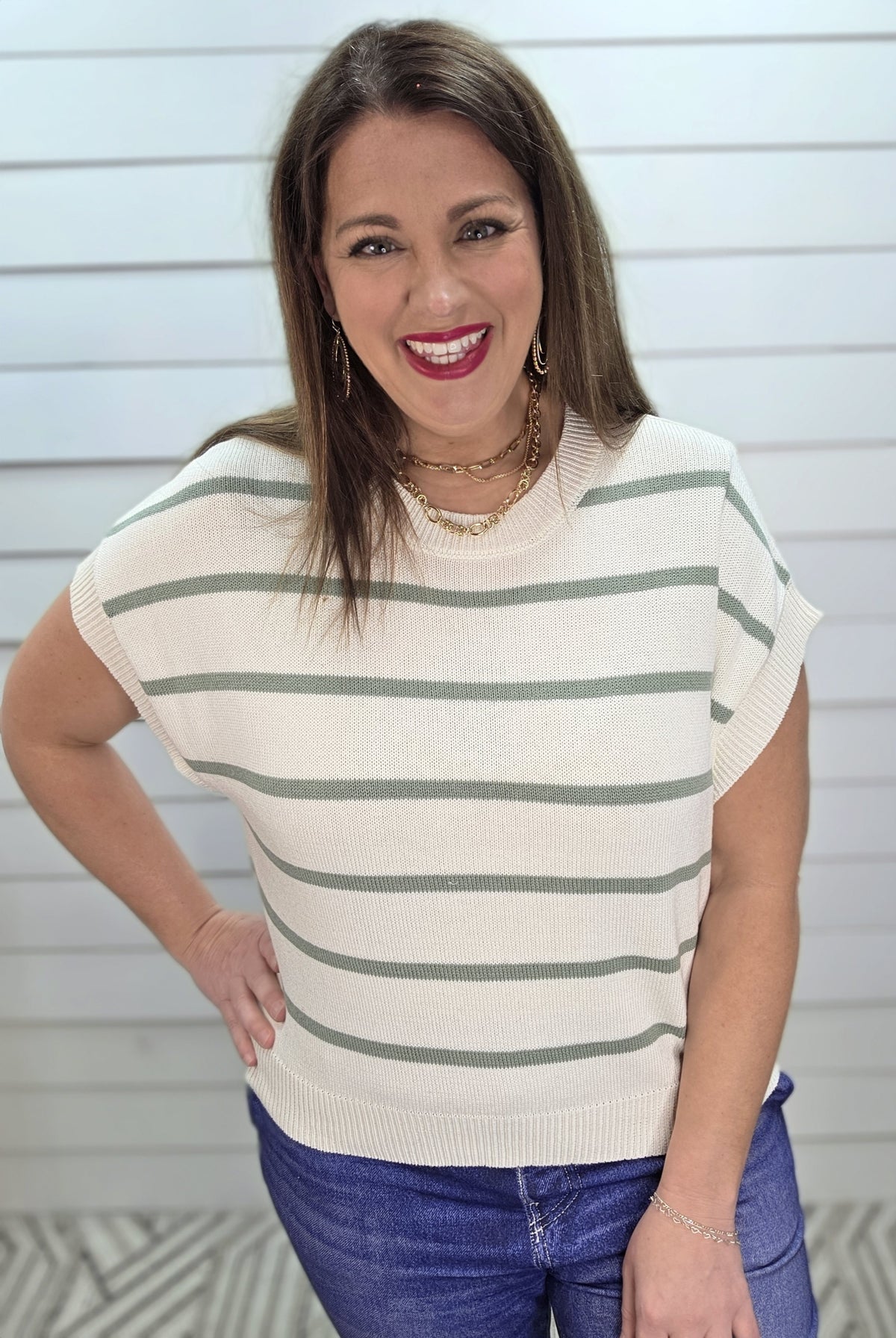 SAGE GREEN STRIPED SHORT SLEEVE SWEATER KNIT TOP