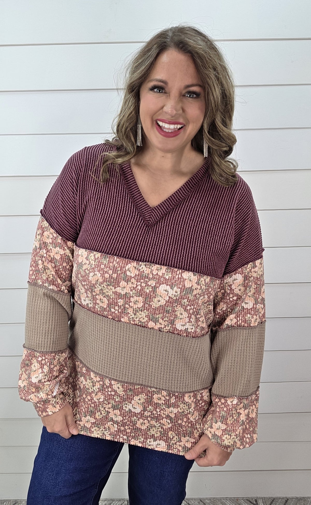 BURGUNDY RAISED RIBBED FLORAL COLORBLOCK KNIT TOP