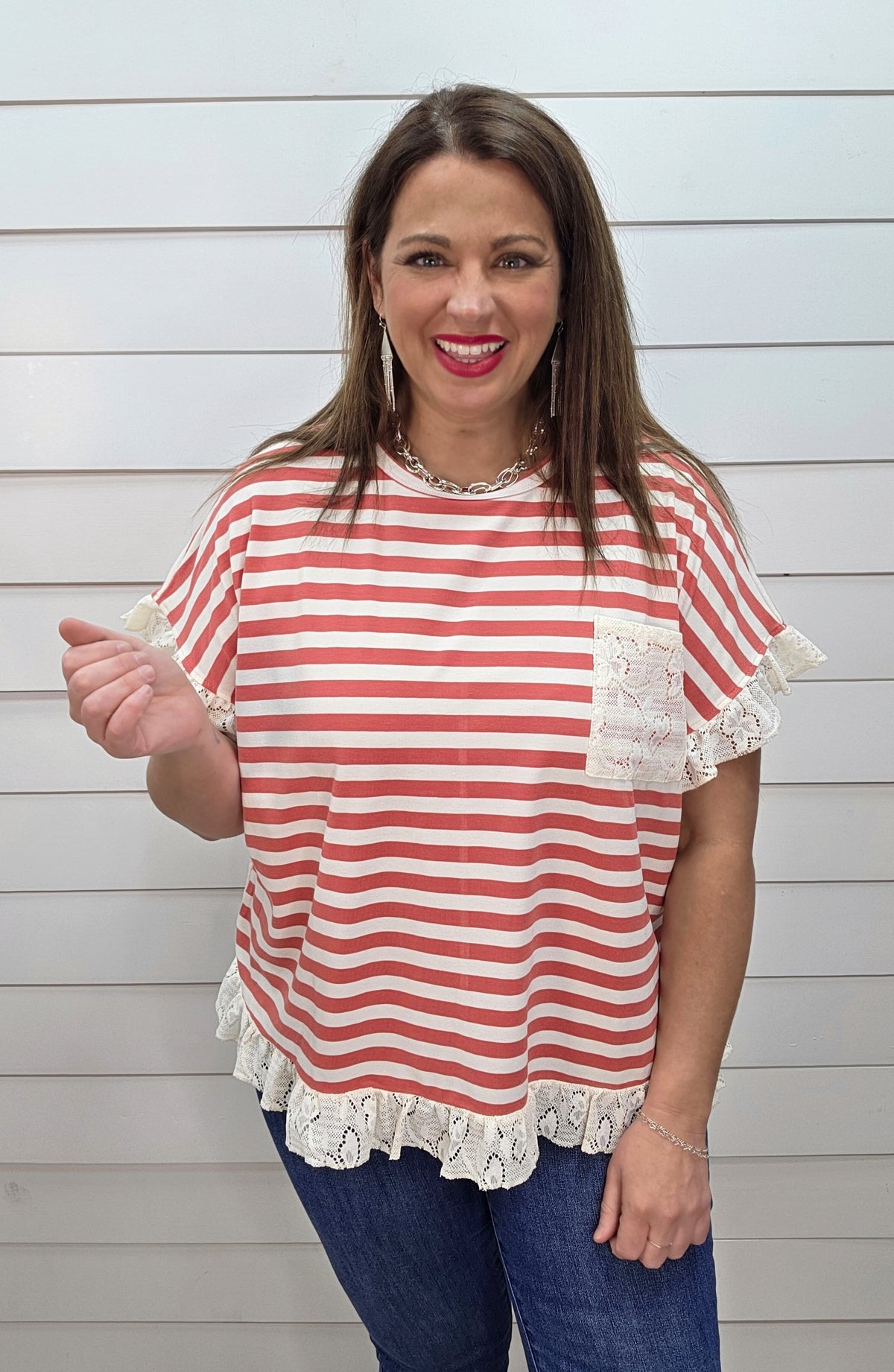 MUTED RED STRIPED KNIT TOP W/ LACE ACCENTS