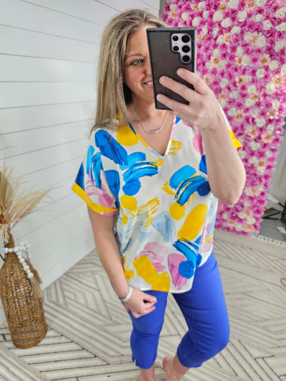 YELLOW/BLUE/PINK WATERCOLOR WOVEN V NECK TOP