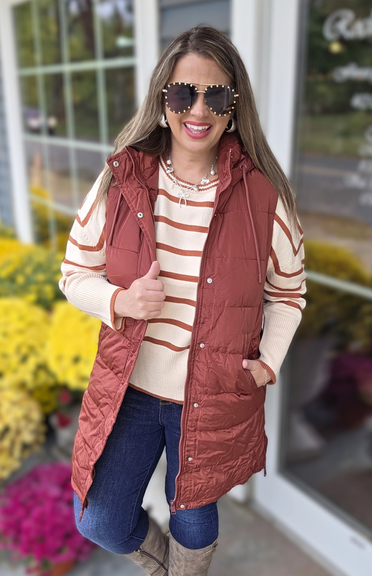 BRICK LONG PUFFER HOODED VEST WITH SIDE ZIPPER