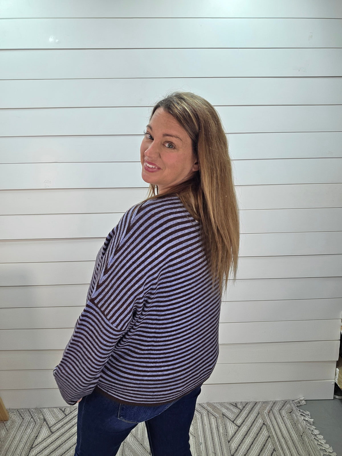 BLUE/BROWN STRIPED FULL BUTTON CARDIGAN/SWEATER
