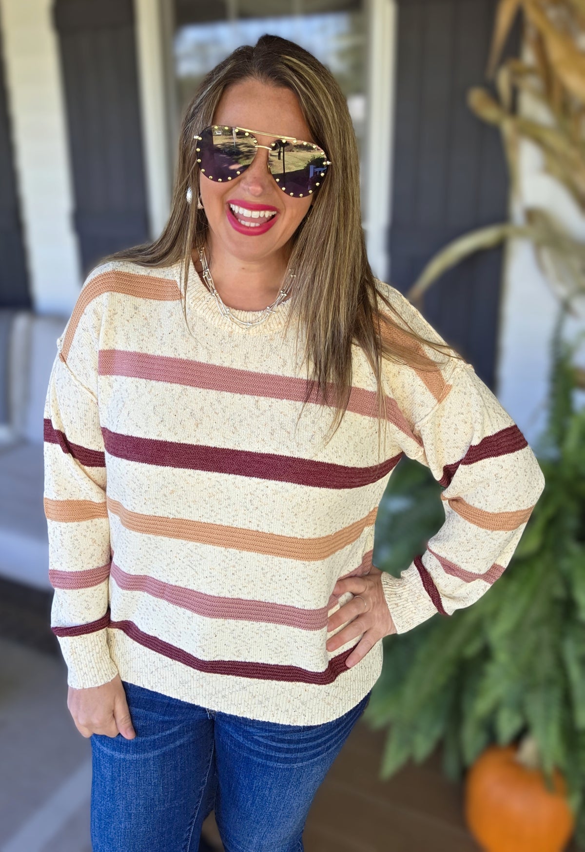 OATMEAL/ROSE SPECK STRIPED KNIT LIGHT WEIGHT SWEATER