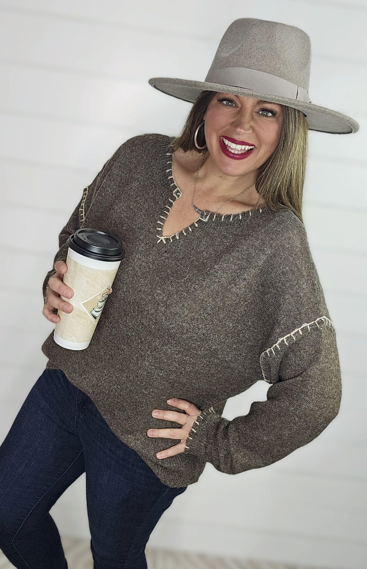 BROWN BLANKET STITCH NOTCHED NECKLINE PULLOVER SWEATER