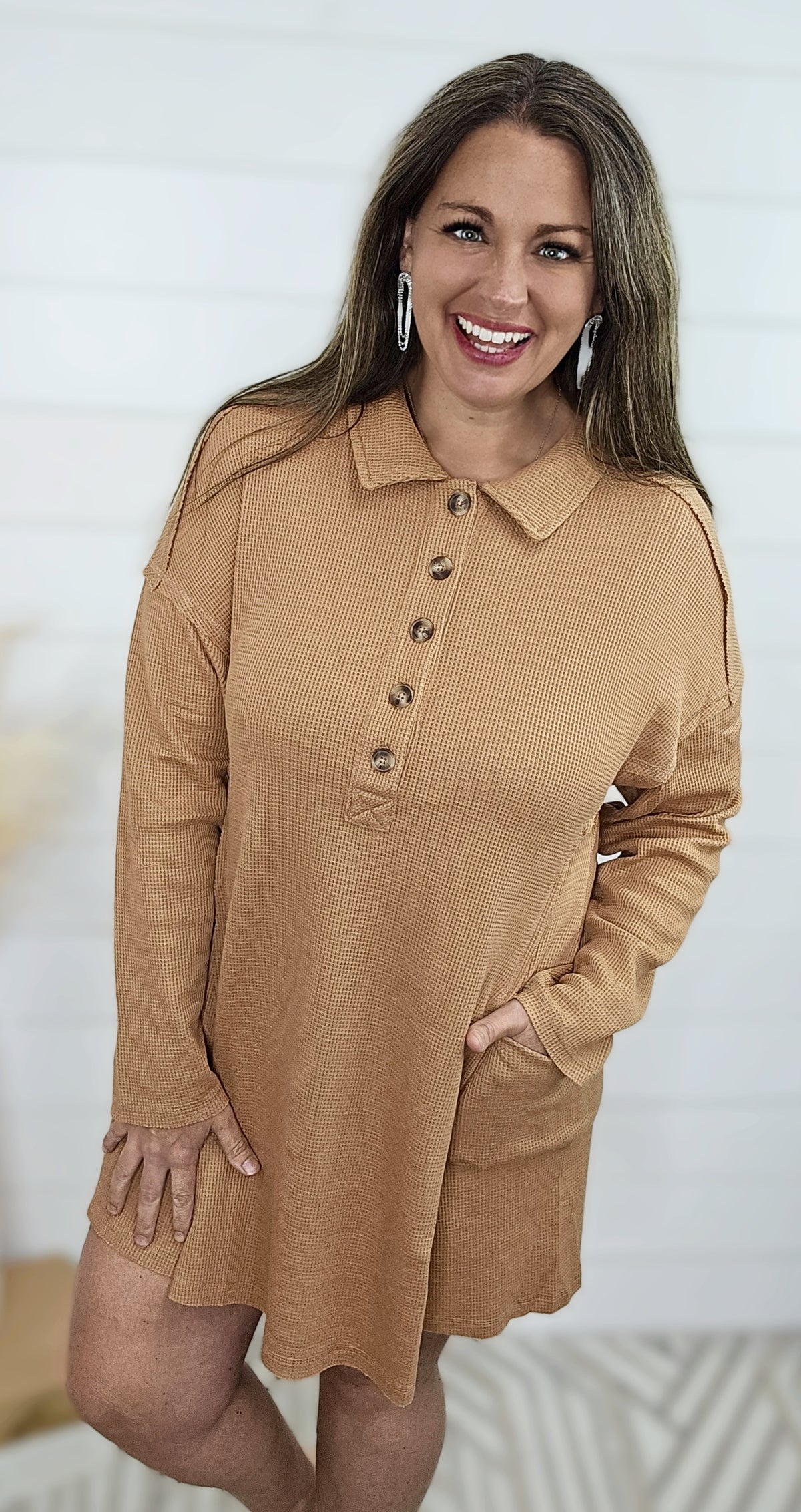 CAMEL WAFFLE TEXTURED HALF BUTTON DRESS/TUNIC