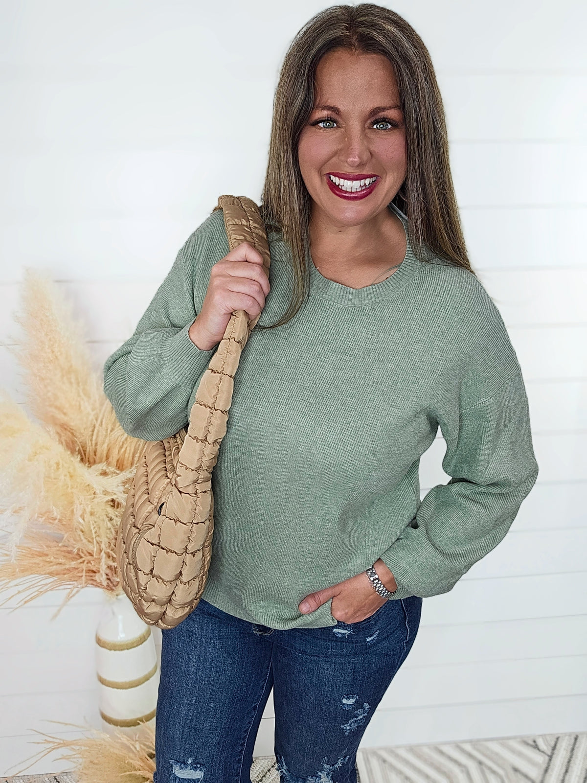 HEATHER AVOCADO ULTRA SOFT RIBBED CREW NECK TOP