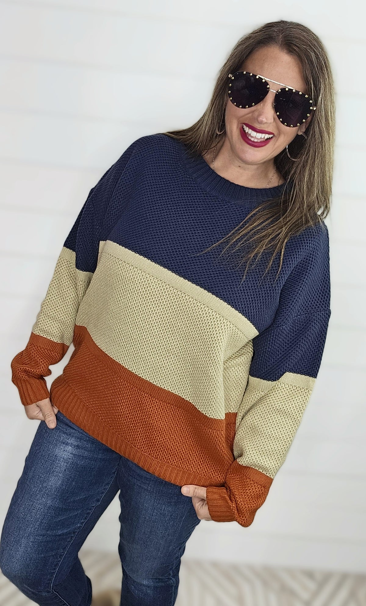 NAVY/TAUPE/RUST COLORBLOCK KNIT SWEATER