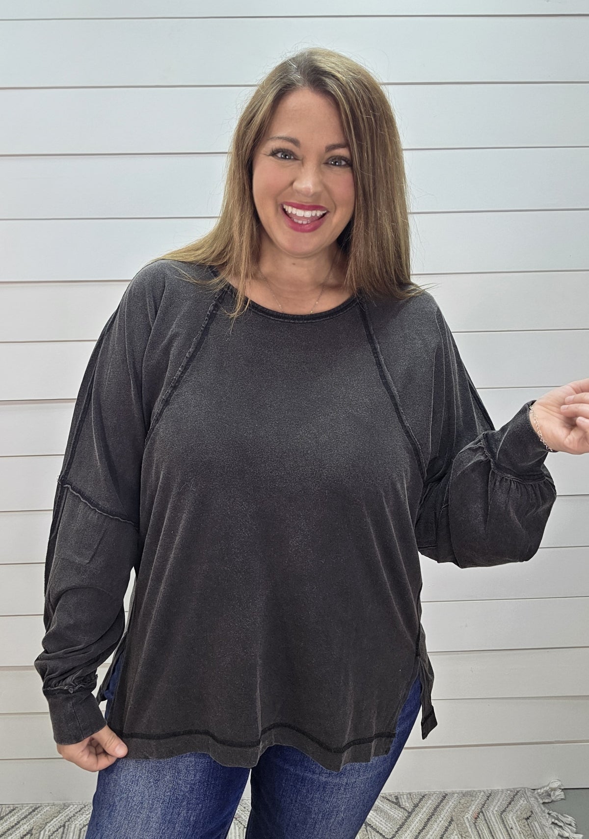BLACK MINERAL WASH LOOSE FIT LONG SLEEVE TOP