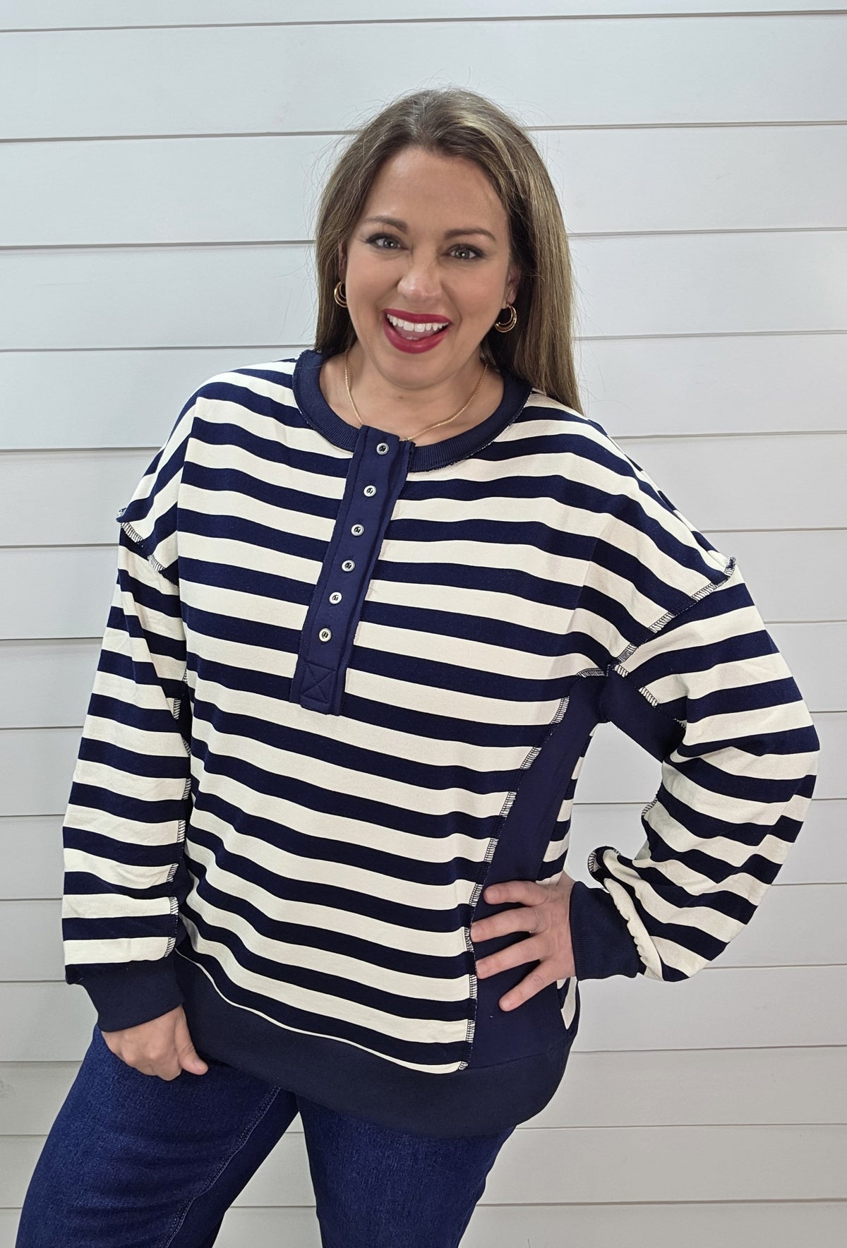 NAVY/CREAM STRIPED CONTRAST FRENCH TERRY PULLOVER