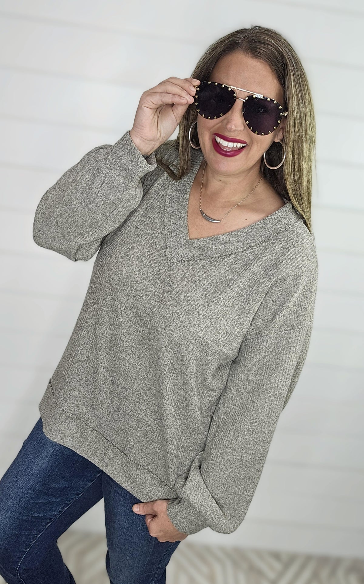 OATMEAL BRUSHED RIBBED KNIT V NECK TOP