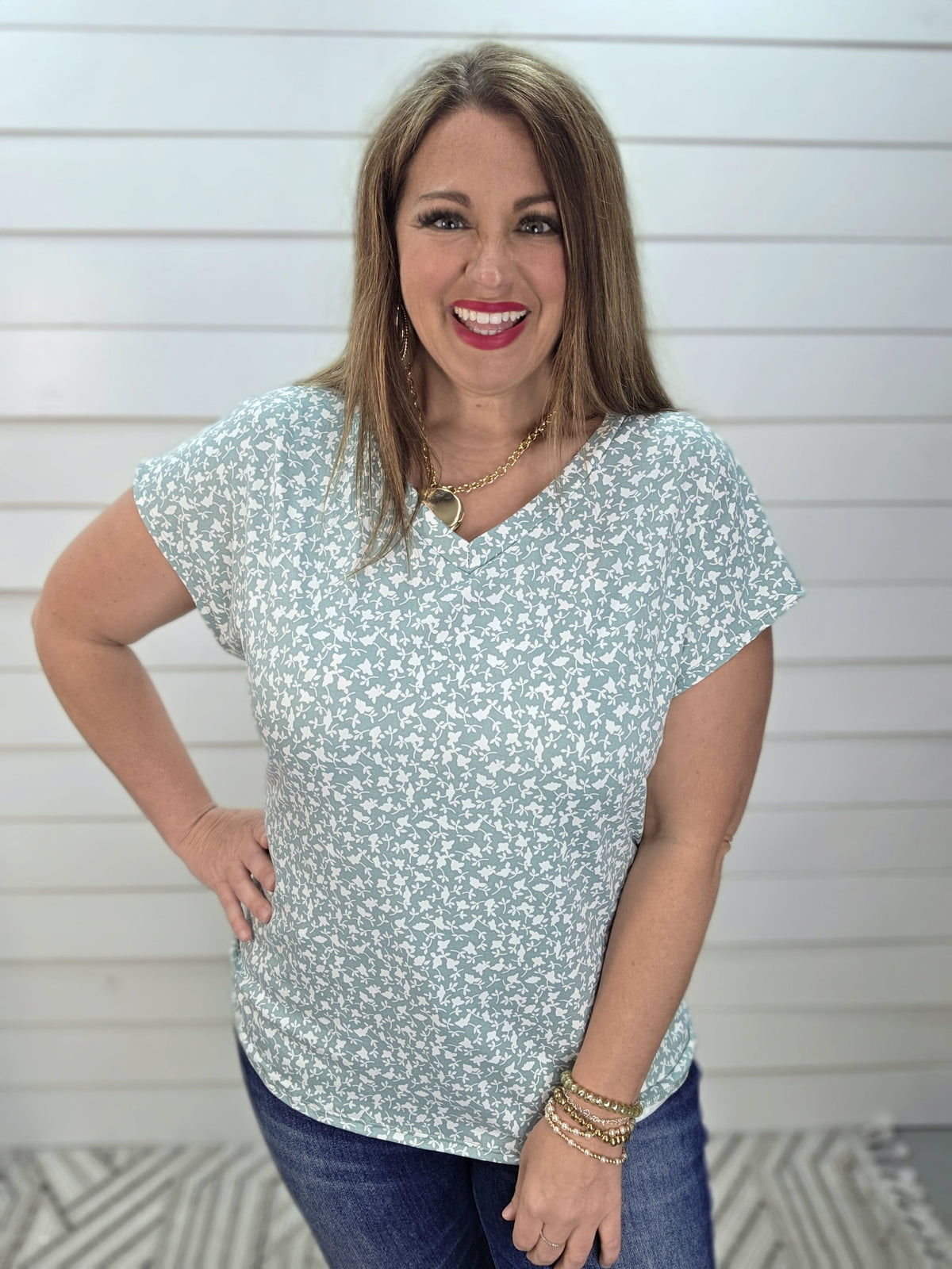 SAGE FLORAL V NECK BUTTER SOFT TOP