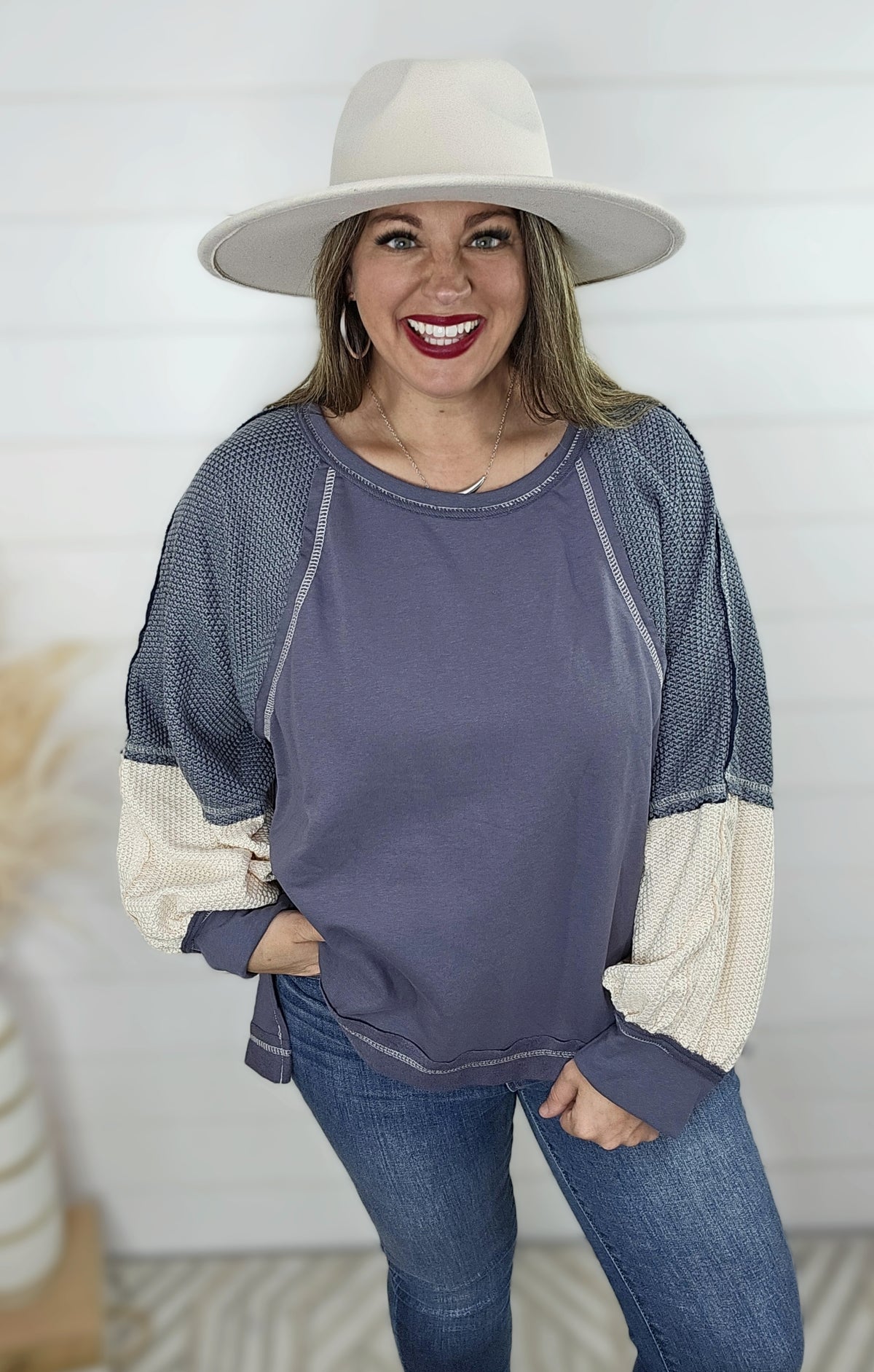 BLUE PULLOVER TOP W/ TEXTURED SLEEVES