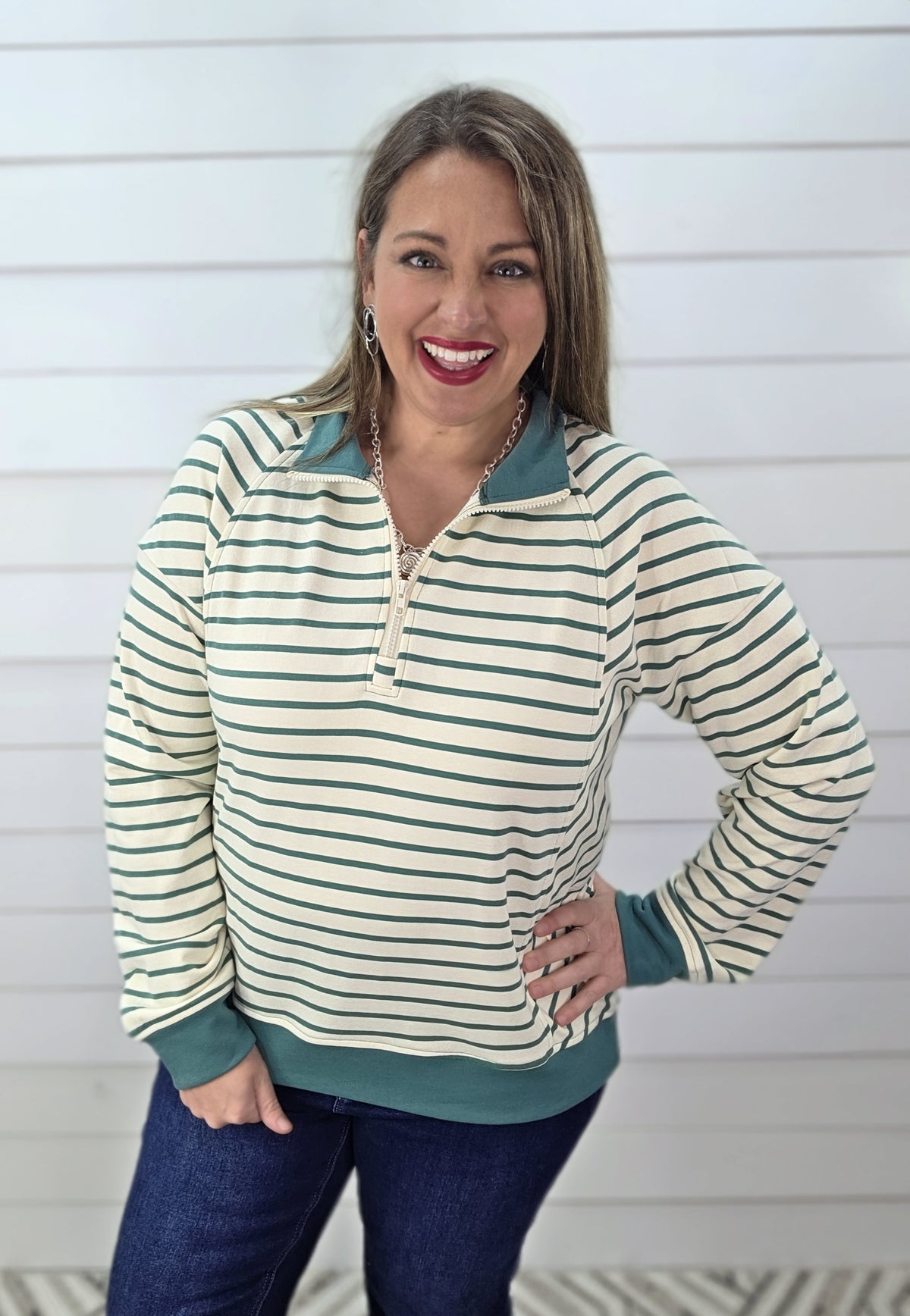 SAGE STRIPED FRENCH TERRY QUARTER ZIP