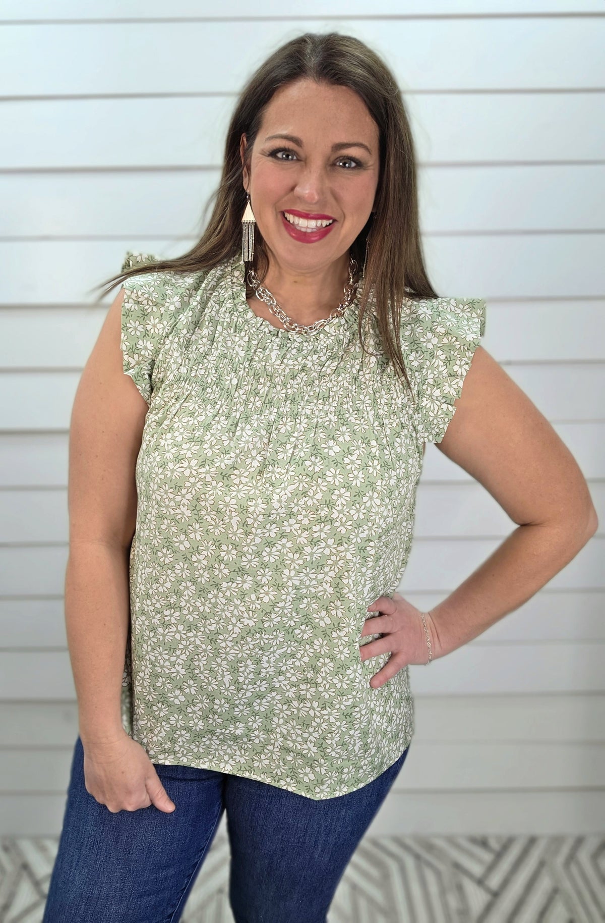 SAGE FLORAL HIGH NECK GATHERED CHEST WOVEN TOP