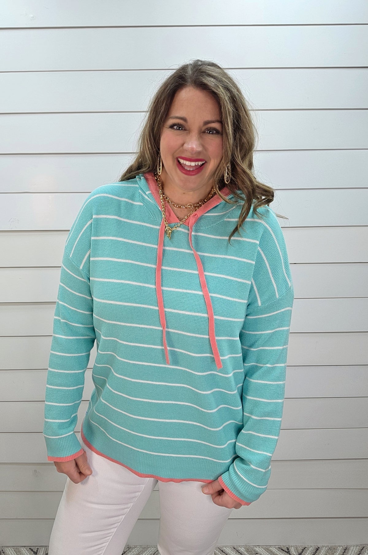 MINT/PINK WAFFLE TEXTURED PULLOVER KNIT HOODIE