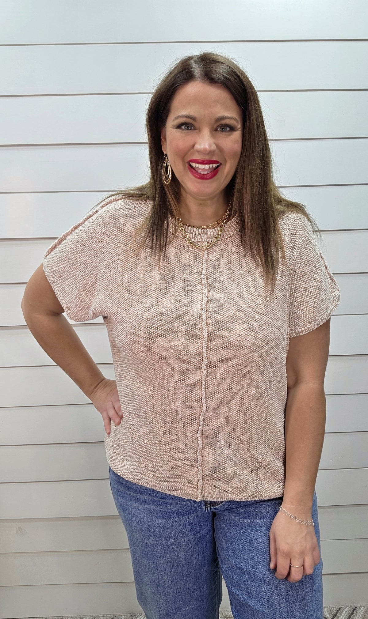 BEIGE MINERAL WASH SHORT SLEEVE TEXTURED LOOSE FIT SWEATER