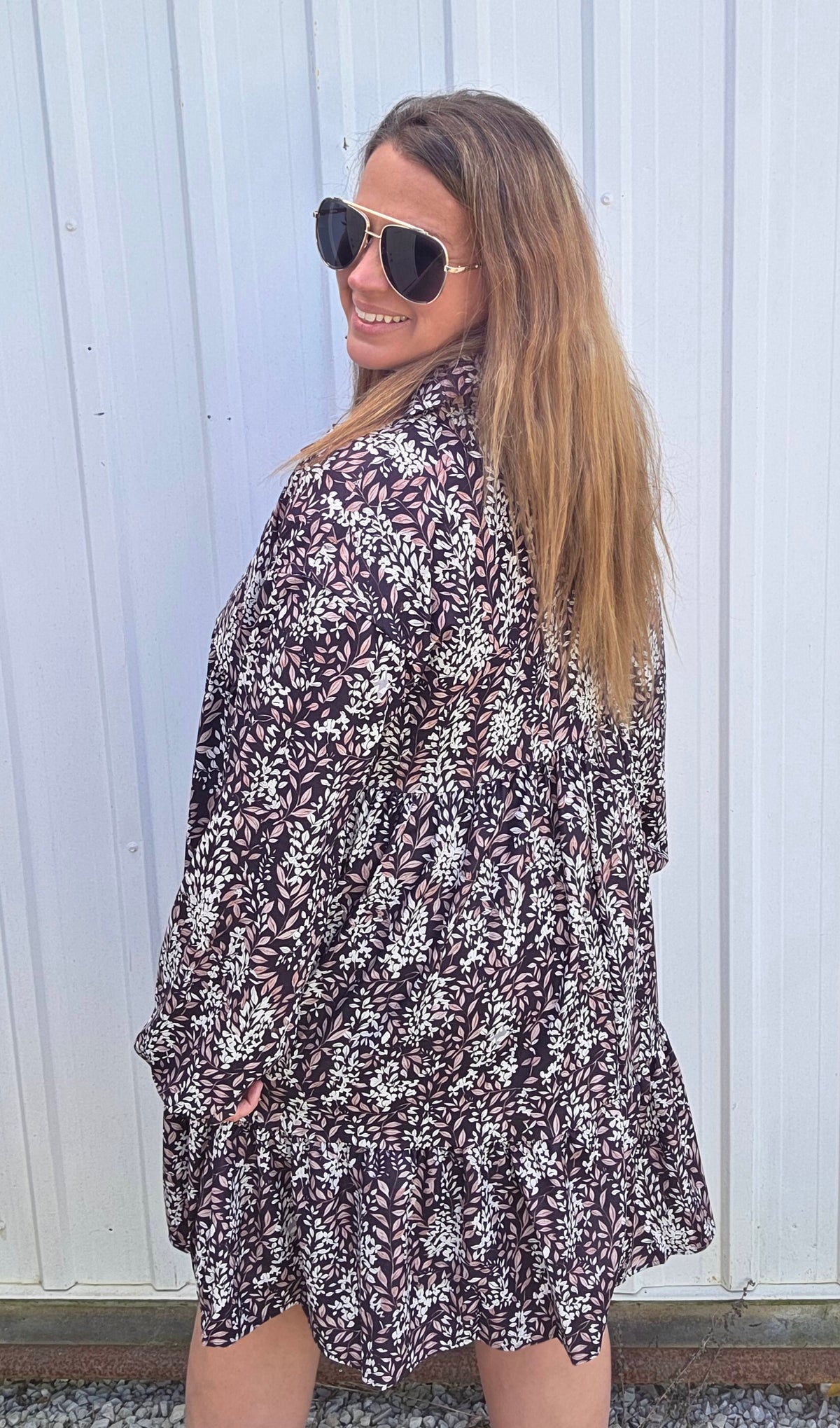 Black Collared Notch Neck Babydoll Long Sleeve Floral Print Knee Length Woven Dress