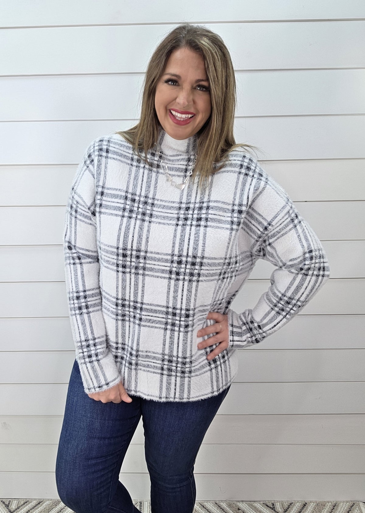 OFF WHITE/BLACK MOCK NECK FUZZY SOFT PLAID CHECK SWEATER