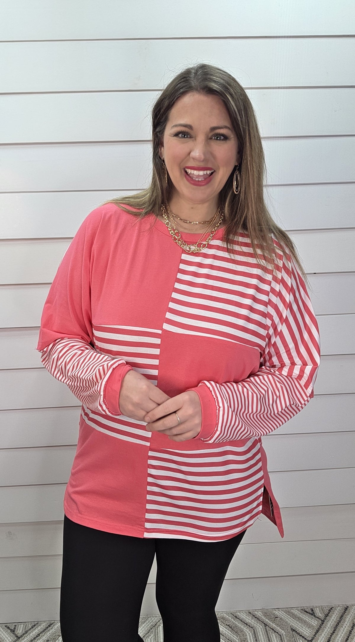 PINK BLOCK STRIPED DROP SHOULDER LONG SLEEVE OVERSIZED TOP