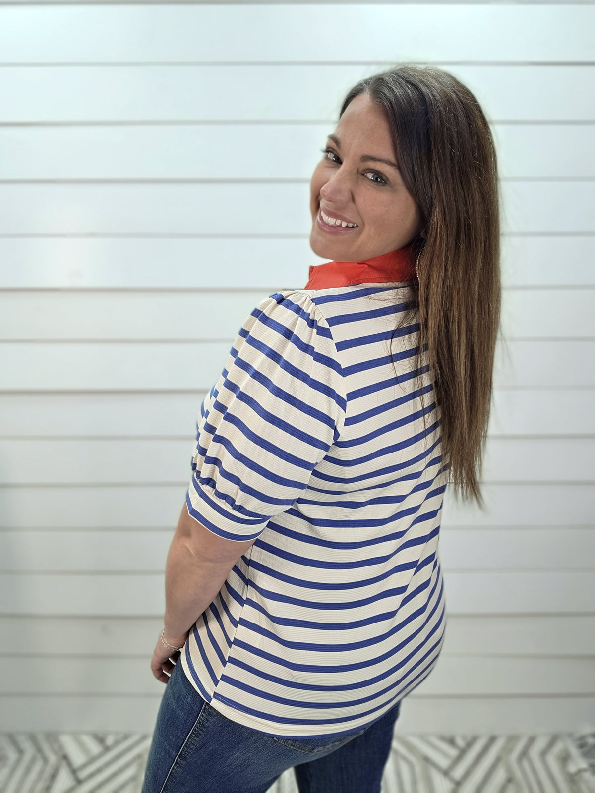 BLUE STRIPED KNIT TOP W/ RED LAY DOWN COLLAR