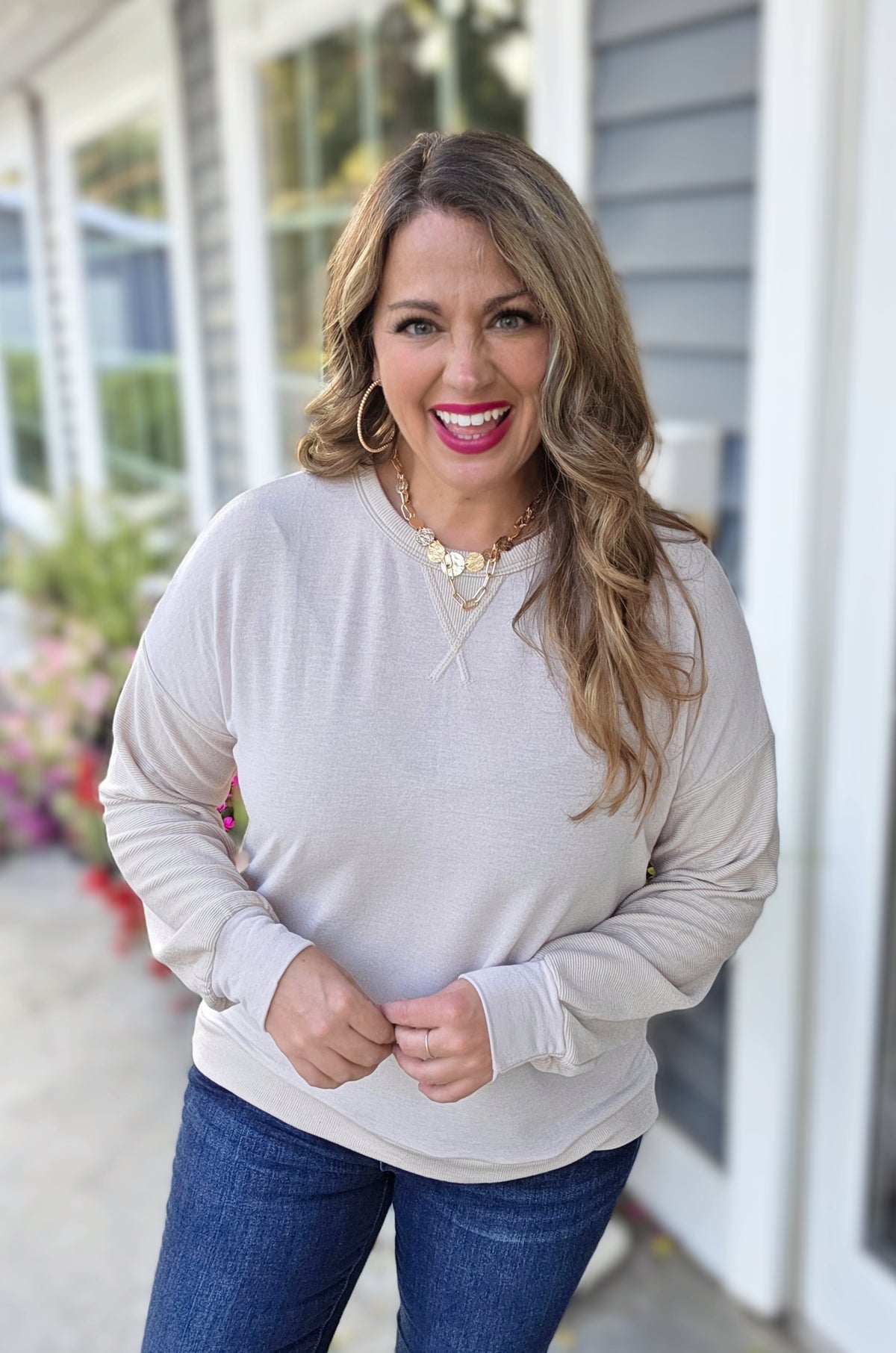 BEIGE FABRIC CONTRAST KNIT TOP