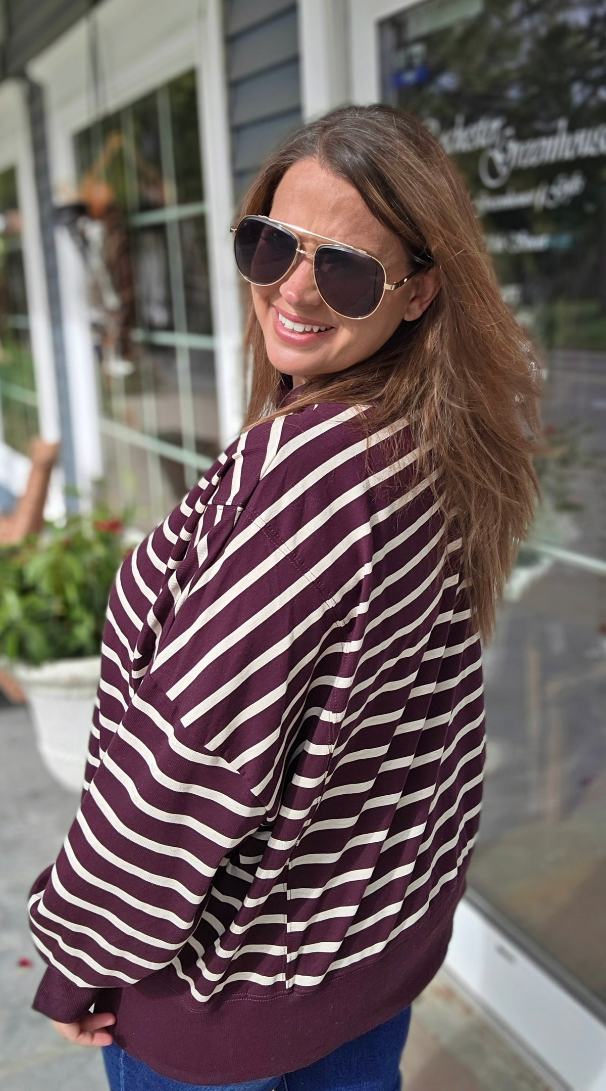 Raspberry and Ecru Striped Mock Neck oversized knit top