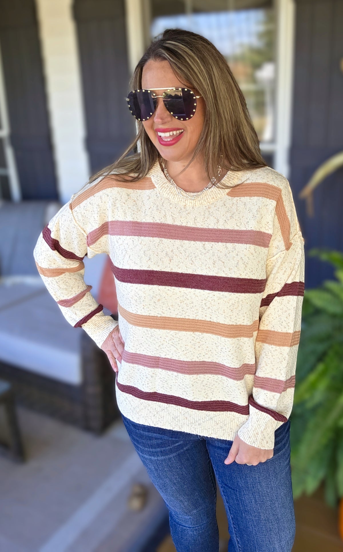 OATMEAL/ROSE SPECK STRIPED KNIT LIGHT WEIGHT SWEATER