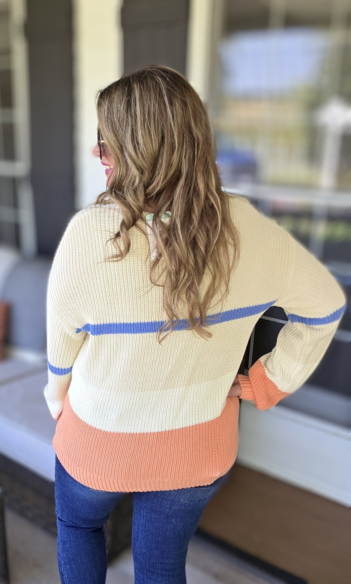 BEIGE/BLUE/ORANGE STRIPED COTTON BLEND SWEATER