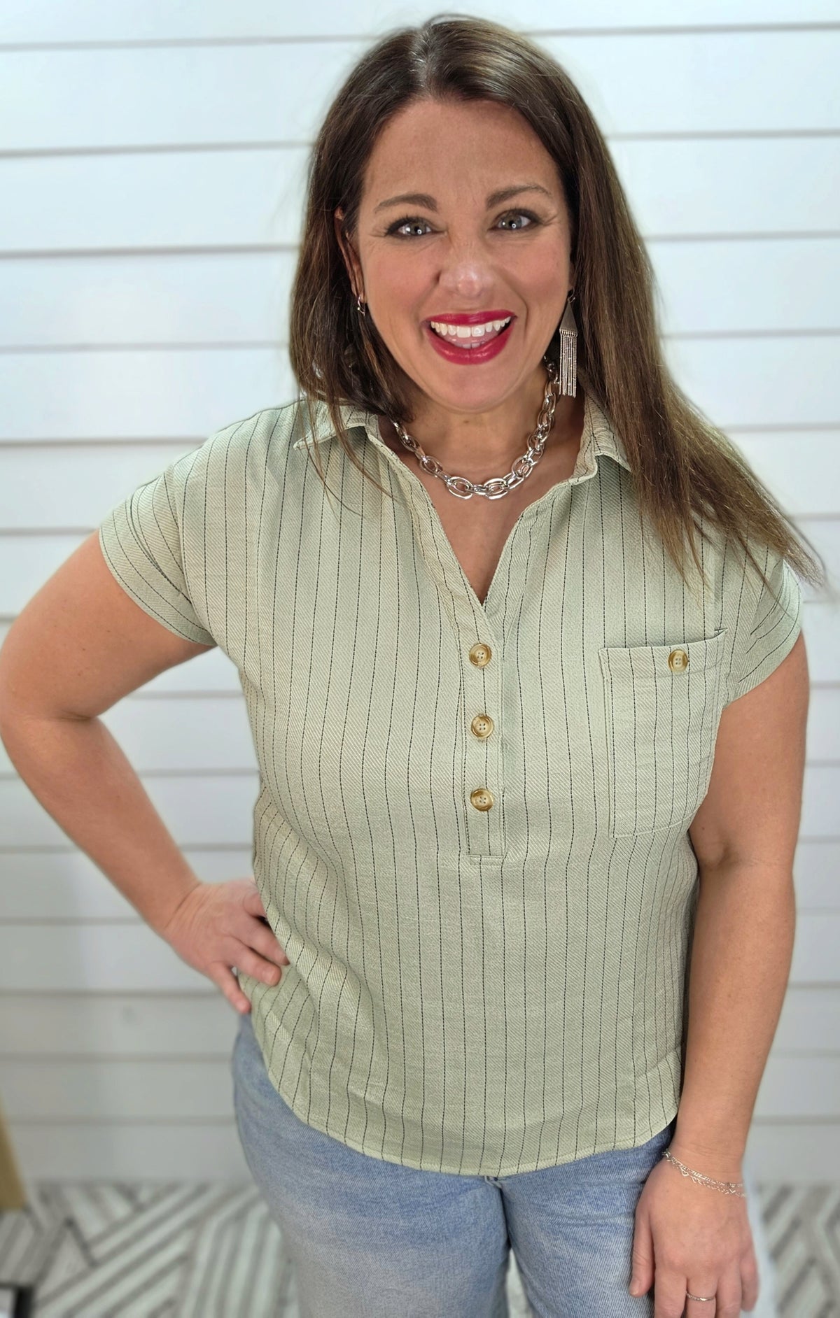 LIGHT OLIVE PINSTRIPED HALF BUTTON TOP