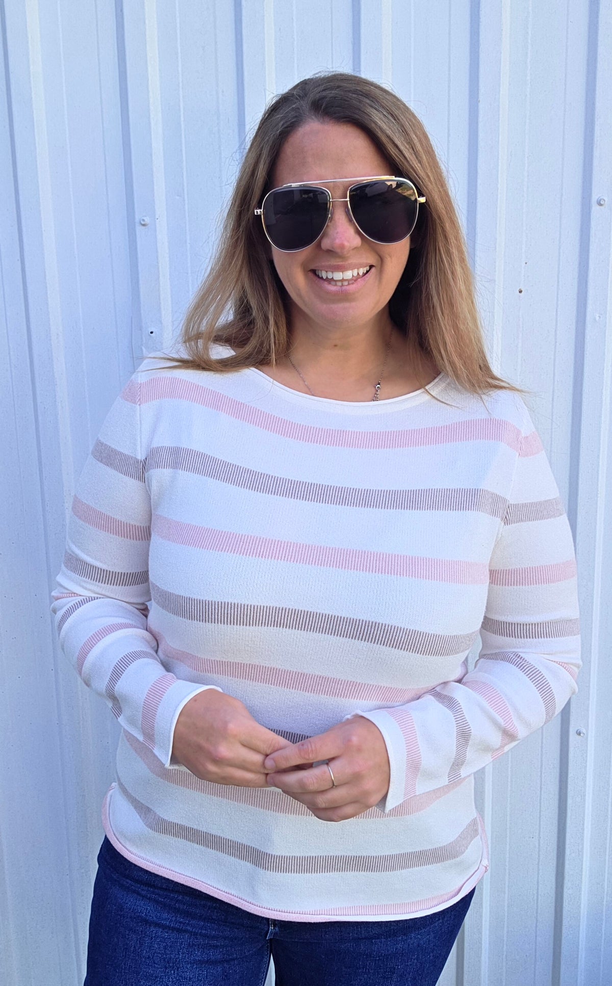 Pink/Mocha Texture Striped, Wide Crew Neck, Long Sleeve Soft Sweater