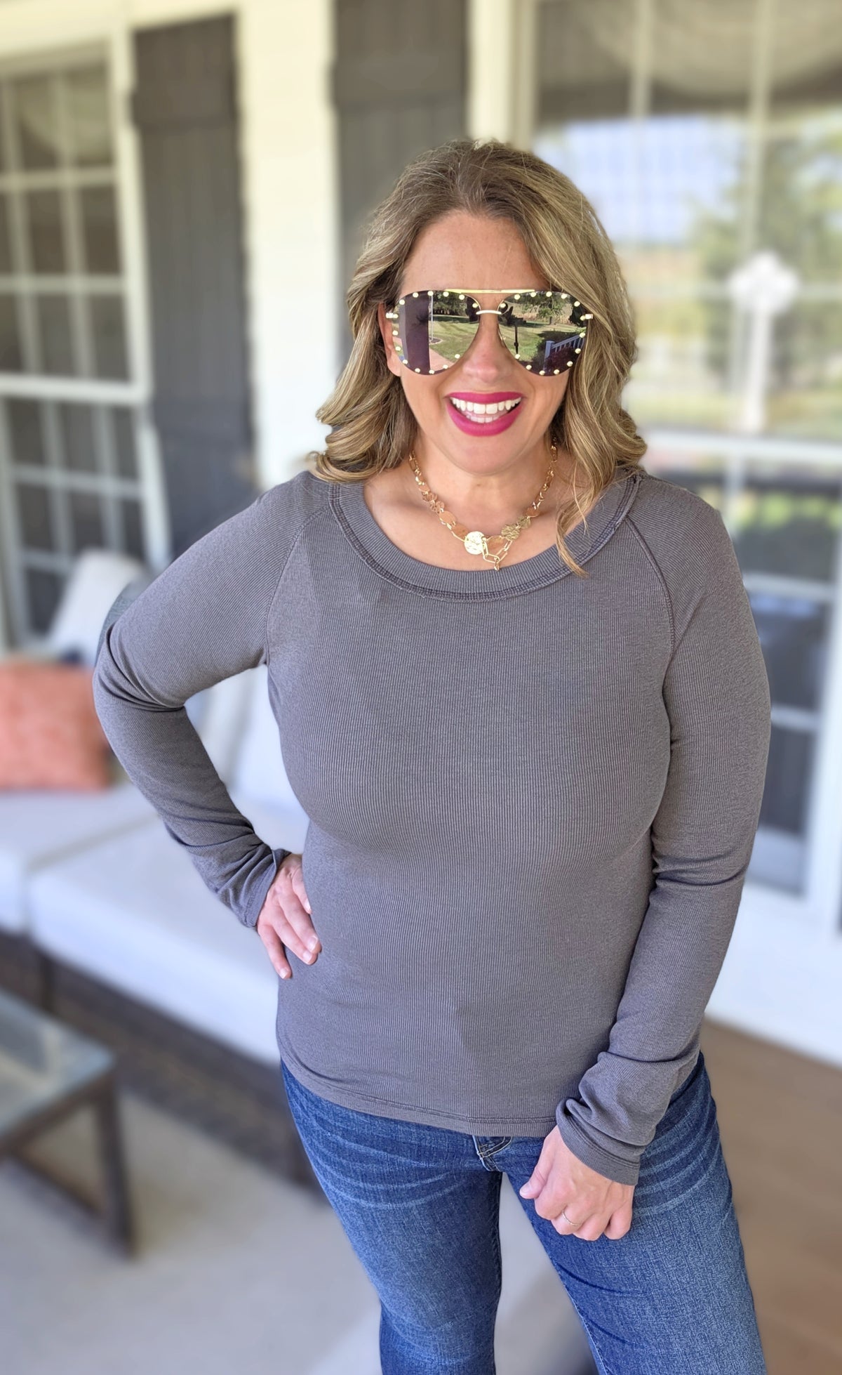 CHARCOAL RIBBED KNIT STRETCHY TOP