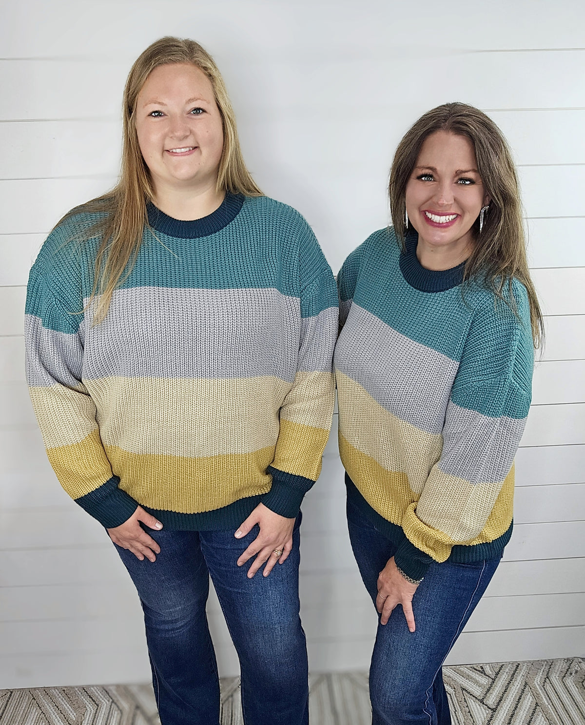 TEAL/GREY/MUSTARD COLORBLOCK CREW NECK SWEATER