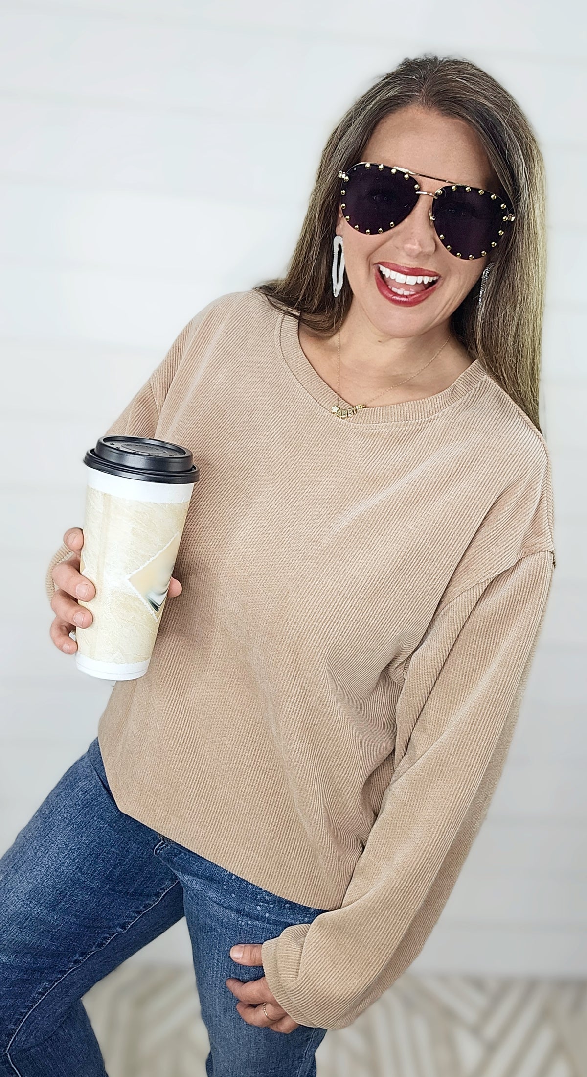 NATURAL SARAH CORDED CREW NECK