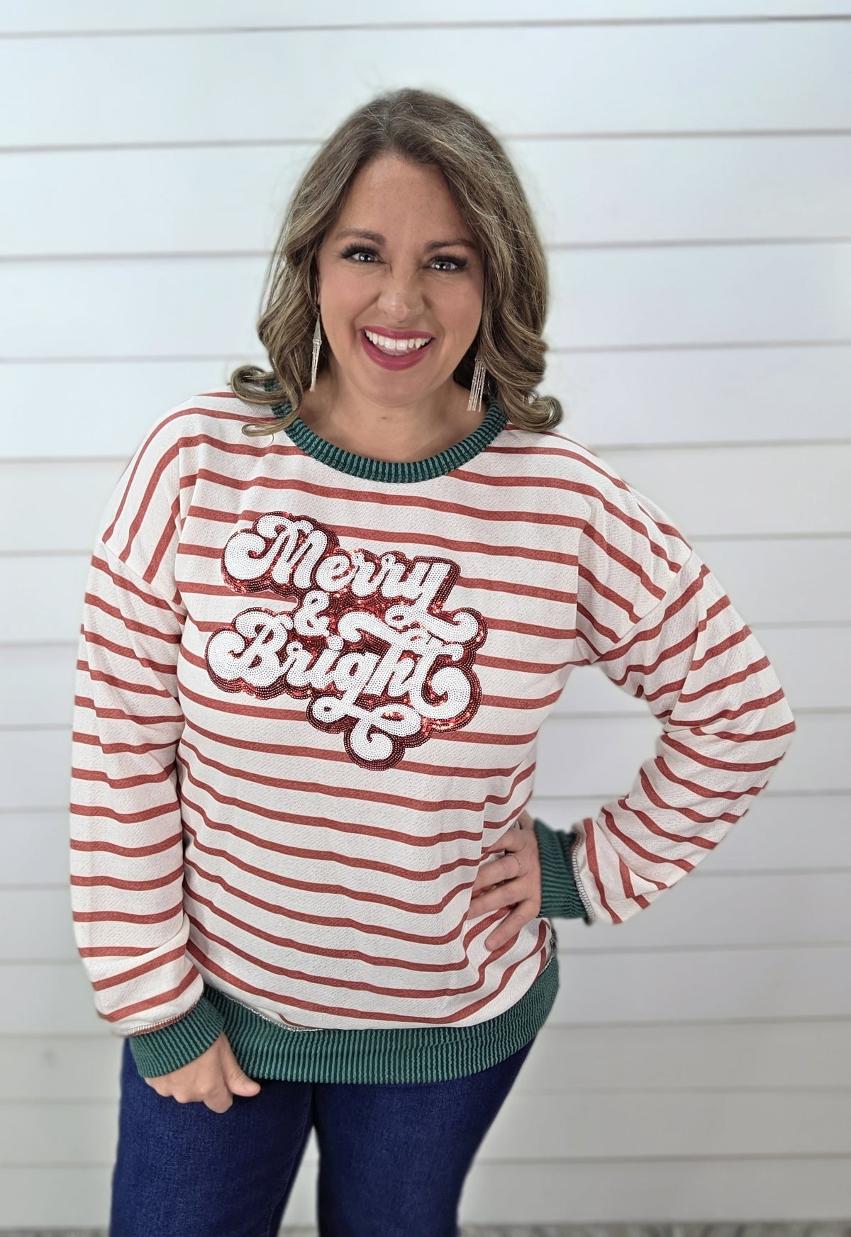 RED/WHITE STRIPED FRENCH TERRY "MERRY AND BRIGHT" TOP