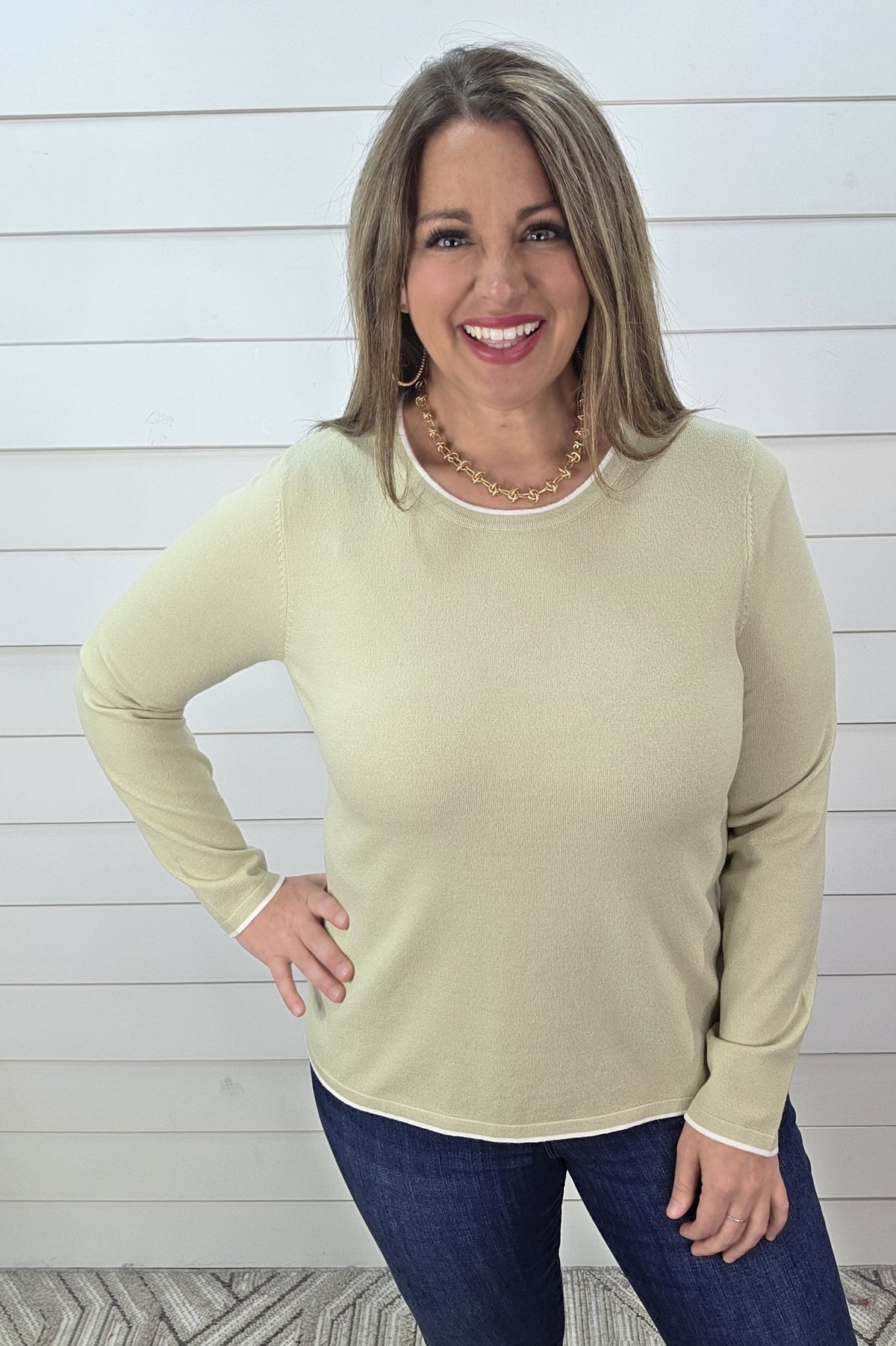 SAGE CONTRAST LIGHT WEIGHT KNIT PULLOVER