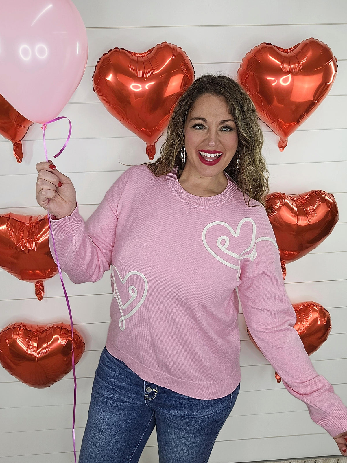 PINK HEART EMBROIDERED PULLOVER SWEATER