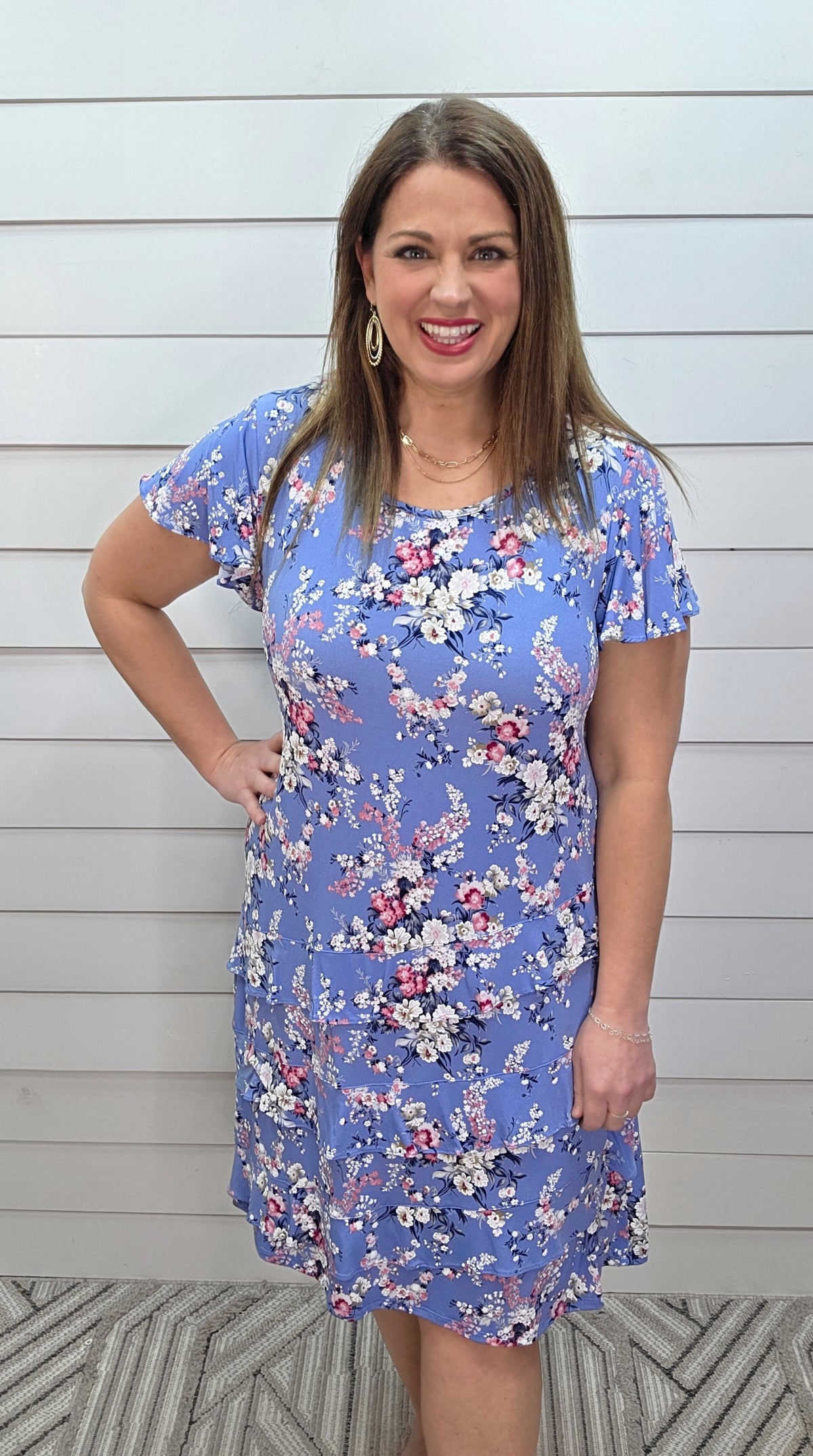BLUE FLORAL TEXTURED DRESS W/ RUFFLE TIERS