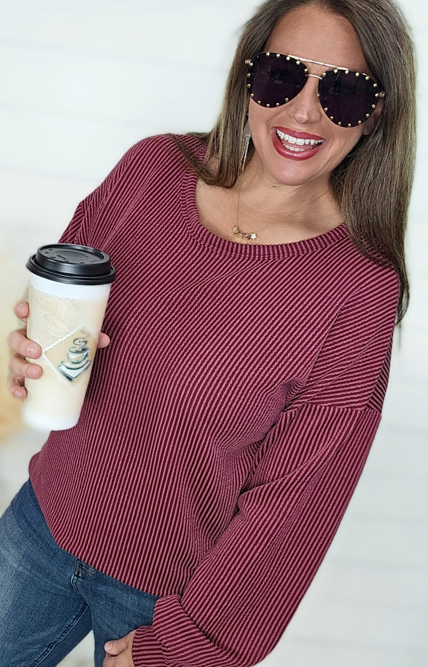 BURDUNGY RAISED RIBBED LONG SLEEVE TOP