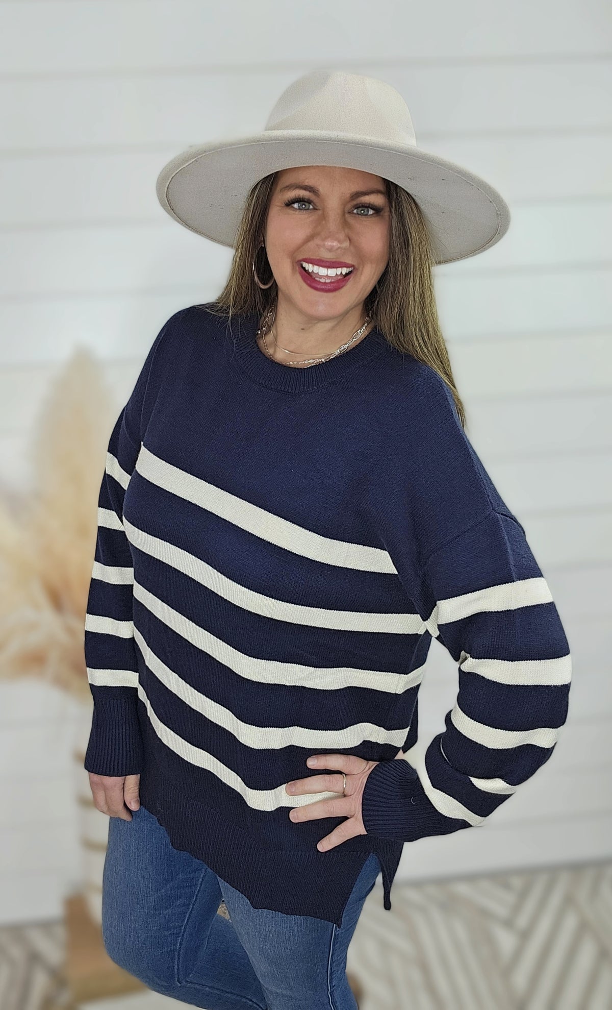 NAVY STRIPED OVERSIZED SIDE SPLIT CREW NECK SWEATER