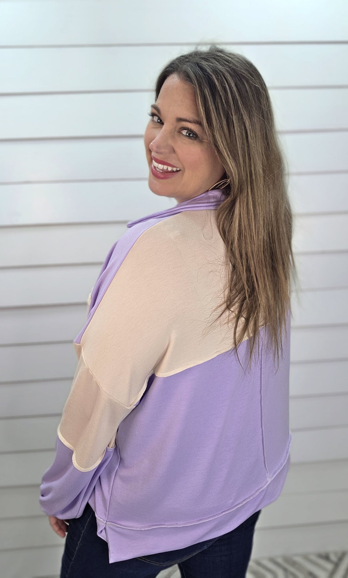 LAVENDER COLORBLOCK LIGHT WEIGHT FRENCH TERRY TOP W/ RIC RAC TRIM