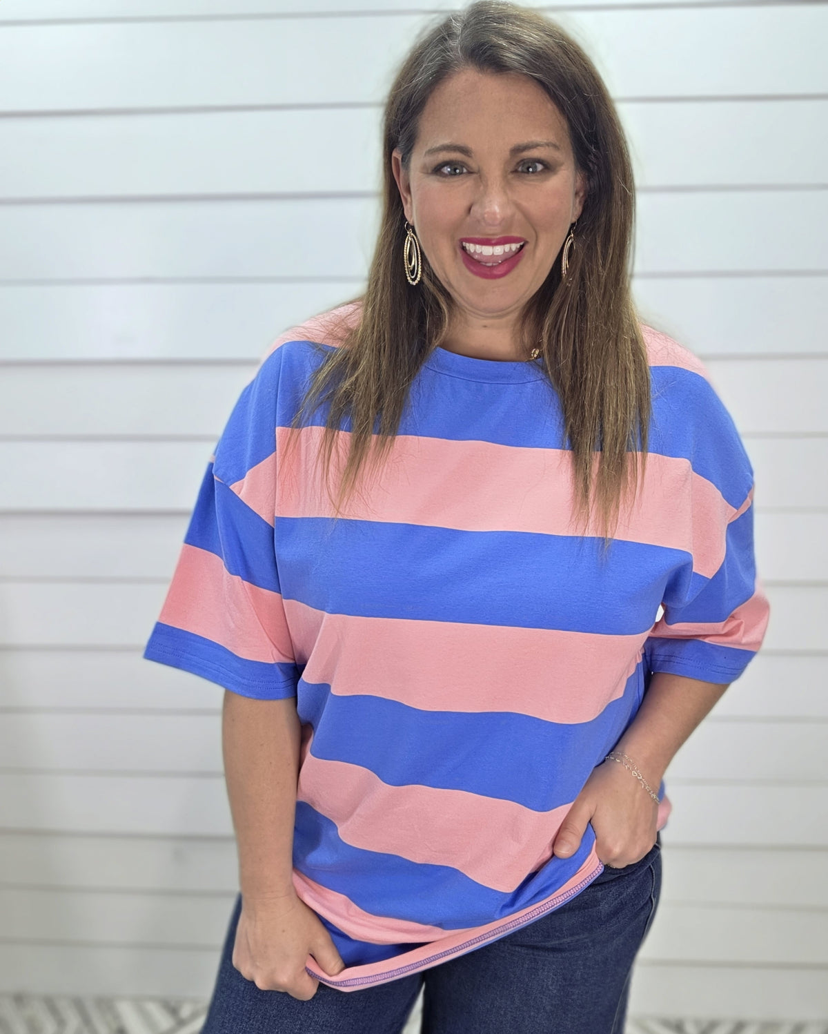 PINK AND BLUE BOLD STRIPE TUNIC TEE