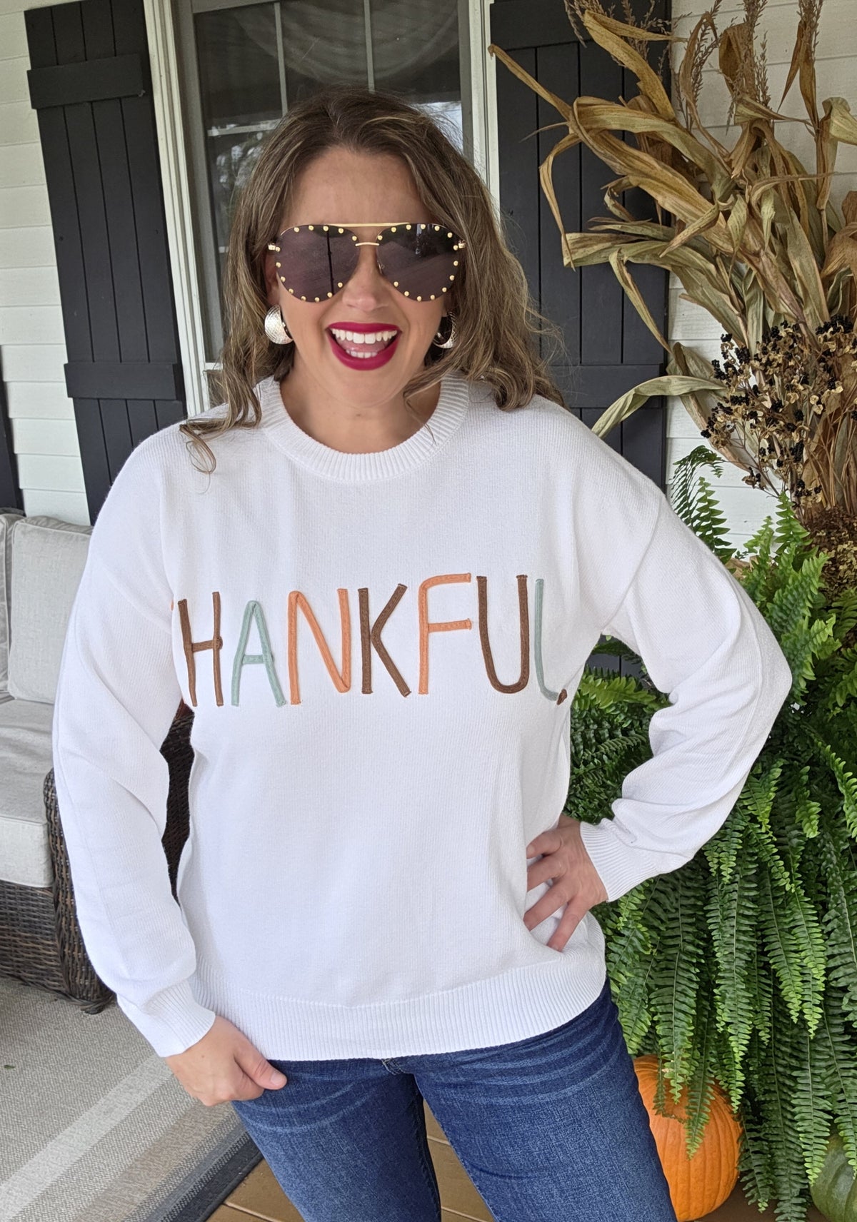CREAM MULTI COLOR EMBROIDED "THANKFUL" SWEATER