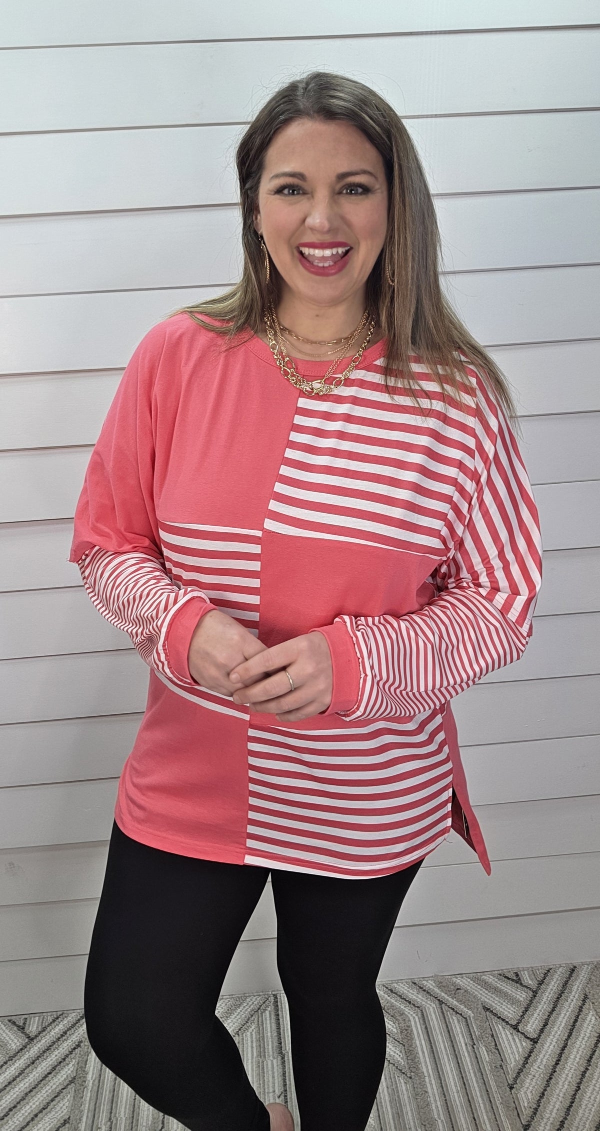 PINK BLOCK STRIPED DROP SHOULDER LONG SLEEVE OVERSIZED TOP