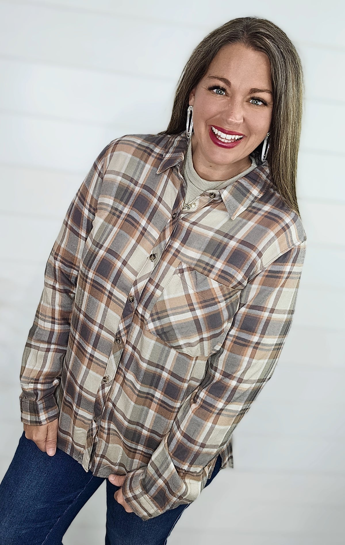 MULTI SOFT NEUTRAL BUTTON UP PLAID TOP