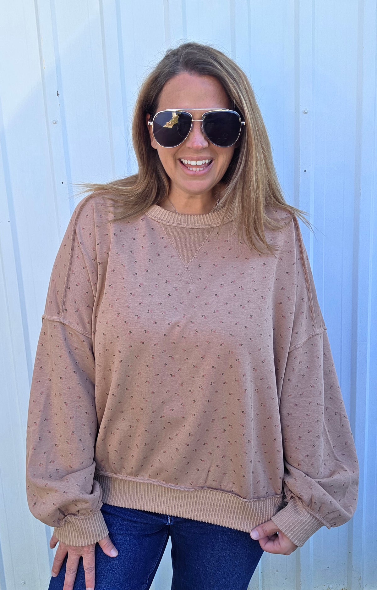 MOCHA DITSY FLORAL OVERSIZED KNIT TOP