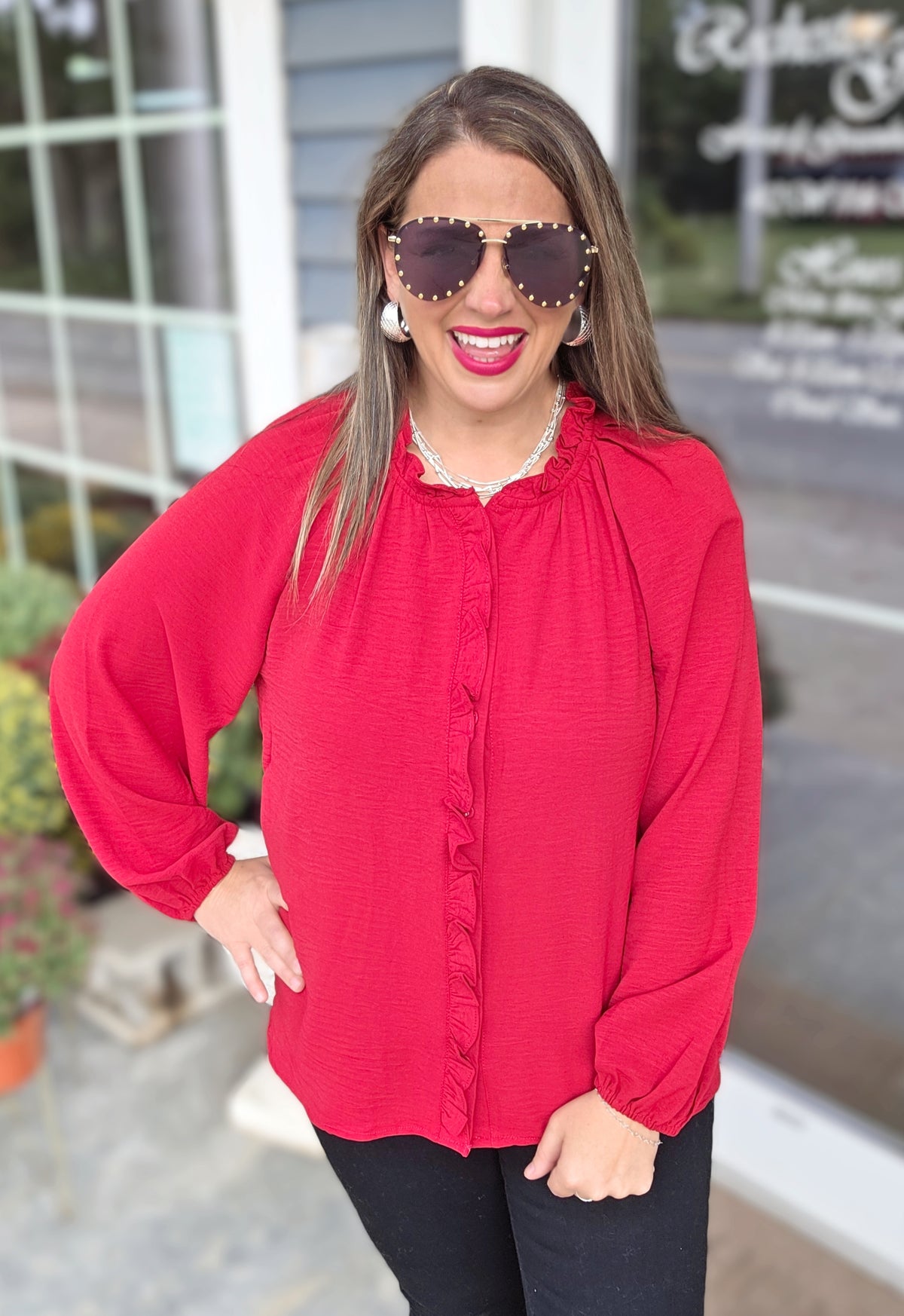 WINE FRILL TRIM LONG SLEEVE BUTTON UP WOVEN BLOUSE