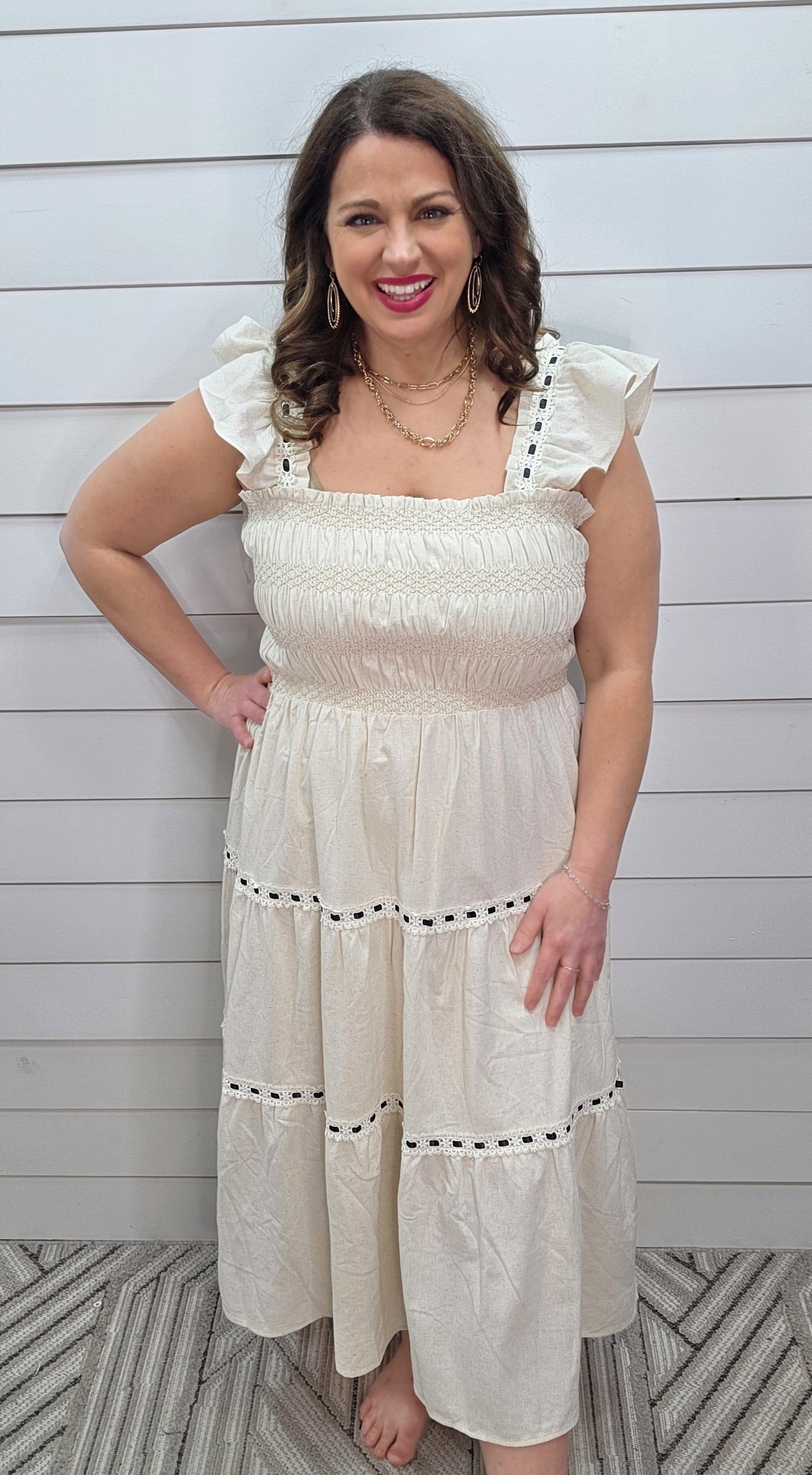OATMEAL LACE/RIBBON TRIM LONG DRESS