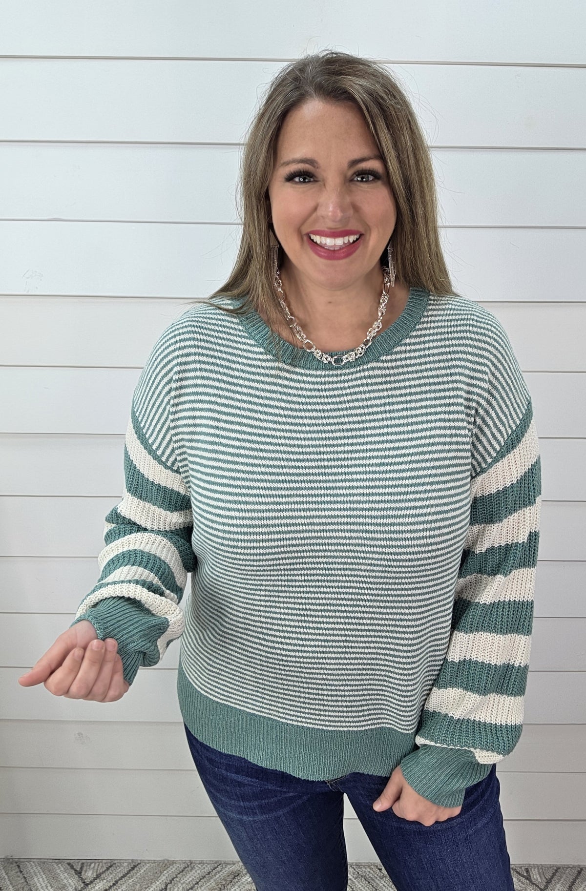 TEAL MIXED STRIPED PULLOVER SWEATERh