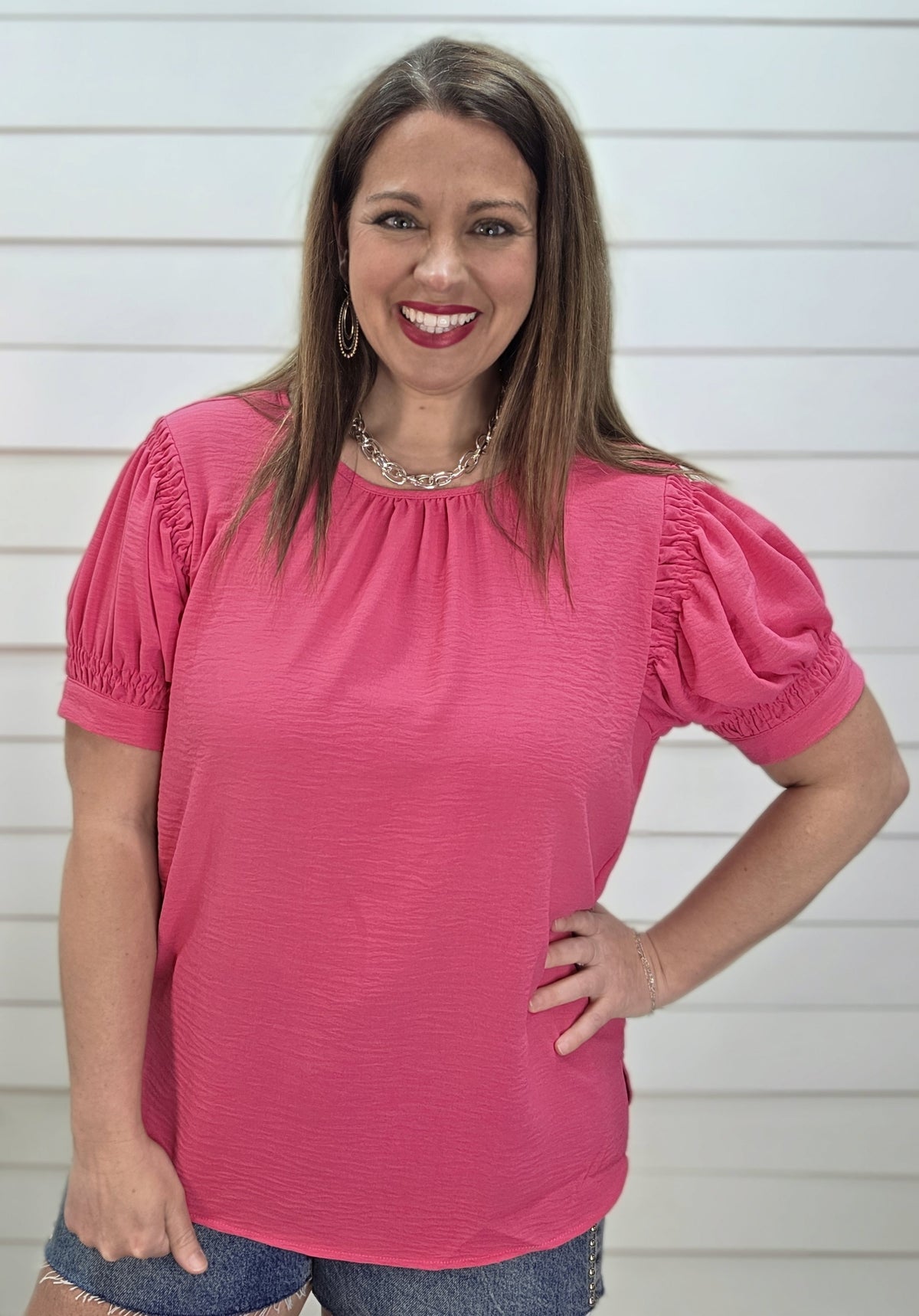 FUCHSIA AIR FLOW SMOCKED SHORT SLEEVE TOP