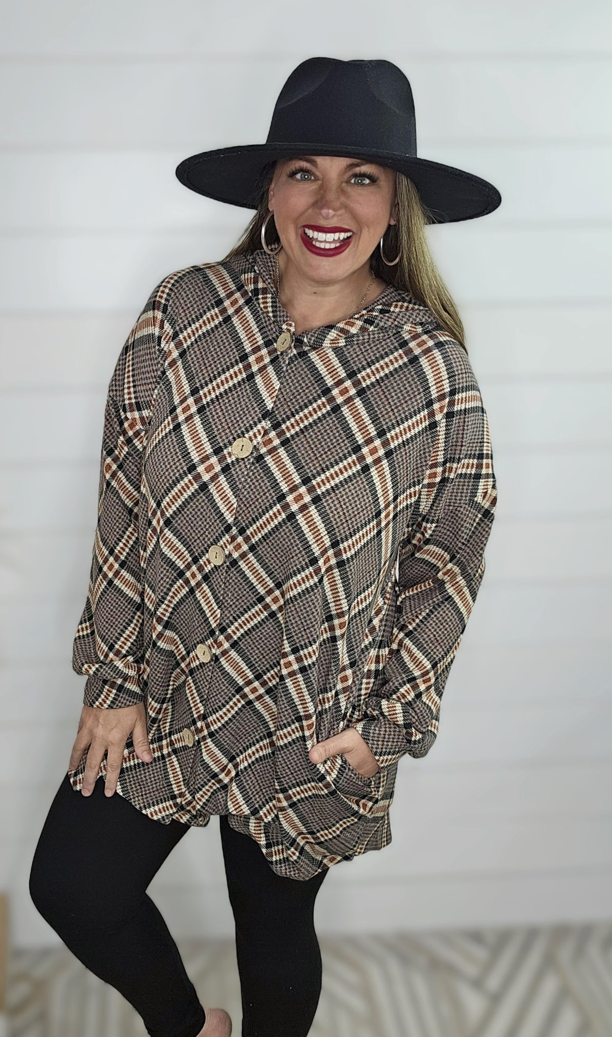 MOCHA/RUST CHECK OVERSIZED HOODED BUTTON DOWN TUNIC